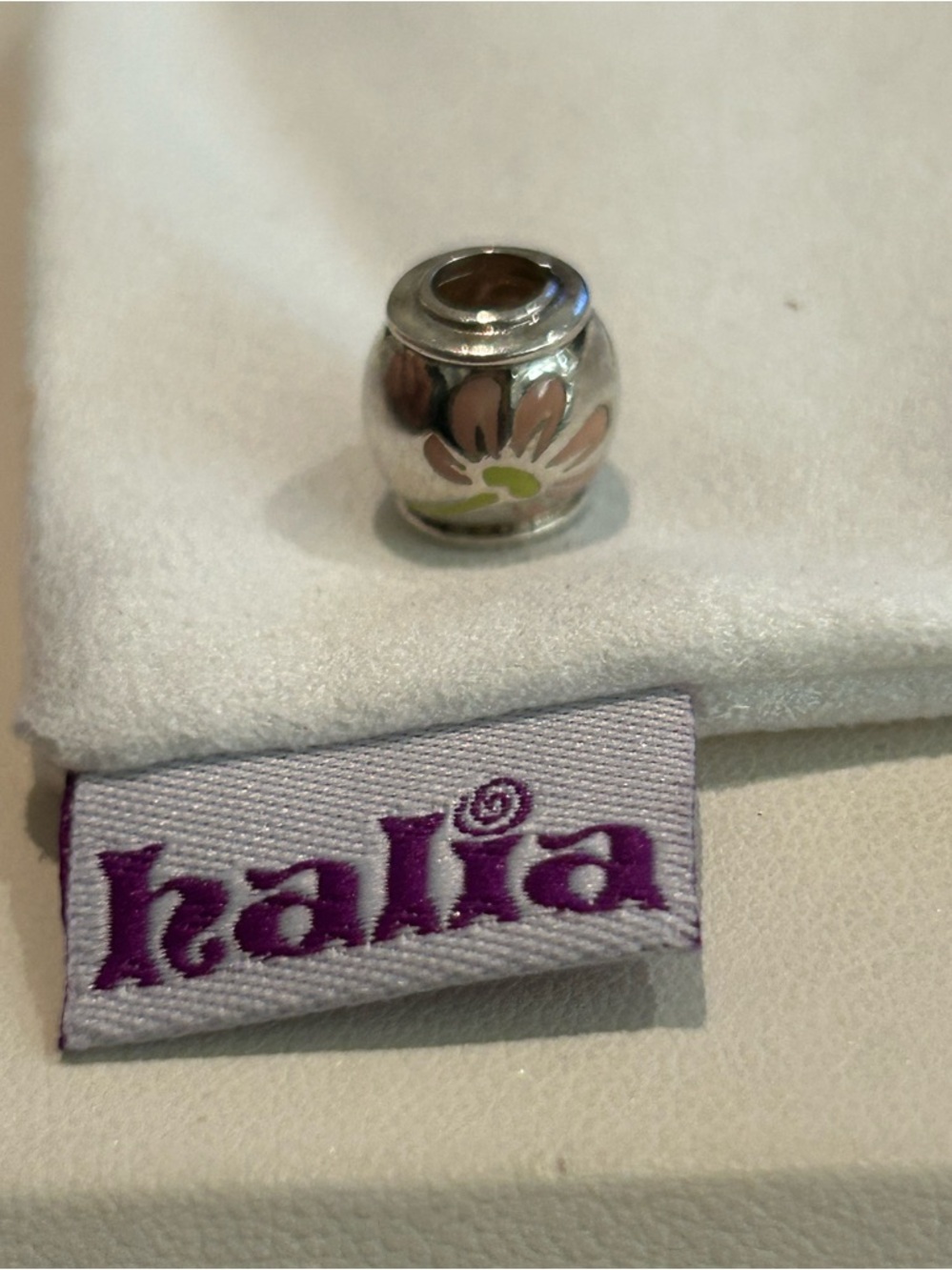 Pandora-style “Pink Daisy” Charm Bead with Pink & Yellow Accents Sterling Silver